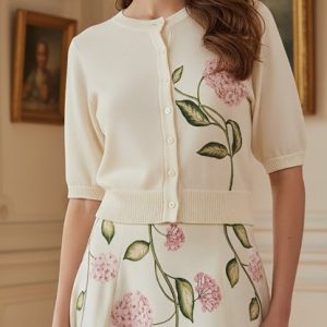 Linen Cardigan, Half Sleeve, Round Neck, Floral, Button Design, Vintage, White