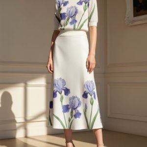 Midi Linen Skirt,  Floral, Vintage, White