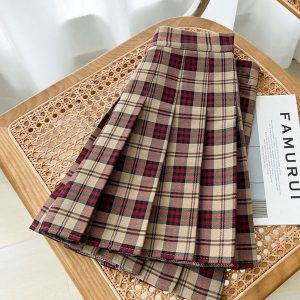 Vintage khaki wine plaid pleated skirt