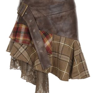 Wasteland plaid lace patchwork asymmetric skirt