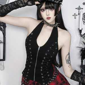 Y2k halter eyelet lace-up tank