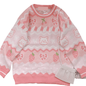 Pink strawberry bow bear sweater