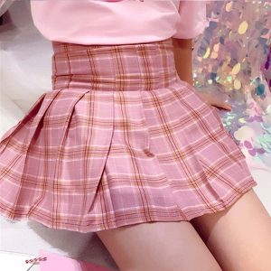 [Plus size] Kawaii Pink Plaid Pleated Skirt
