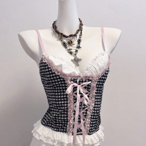 Soft plaid lace-up camisole