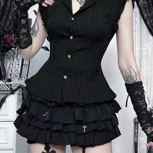 Gothic Open-Collar Ruffled Blouse