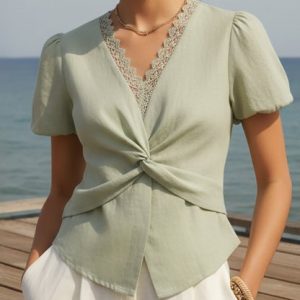 Cotton Shirt, Short Sleeves, V Neck, Plain, Lace, Vacation, Vintage, Green