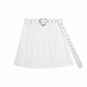 [Plus size] Love heart buckle belt A-line pleated skirt