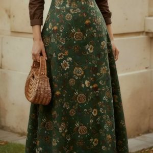 Midi Linen Skirt, loral, Pocket Design, Vintage, Green