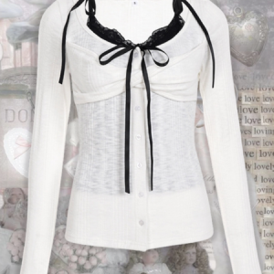 Quiana lace-up black white patchwork top