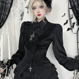 Dark Chic Satin Stripe Button-Up Blouse
