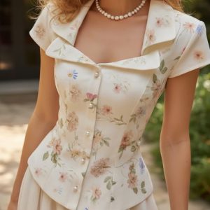 Linen Shirt, Short Sleeves, Shawl Collar, Floral, Button Design, Vintage, Creme light
